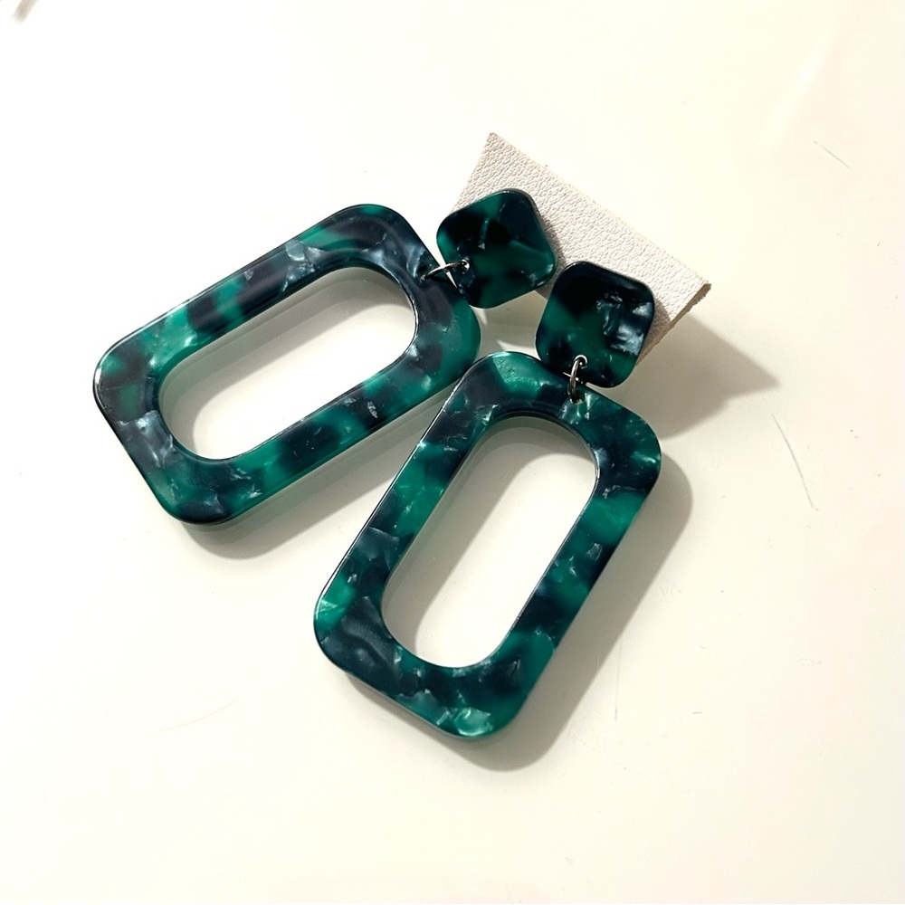 Emerald Sky Marbled Tortoiseshell Teal Green Acetate Rectangle Earrings